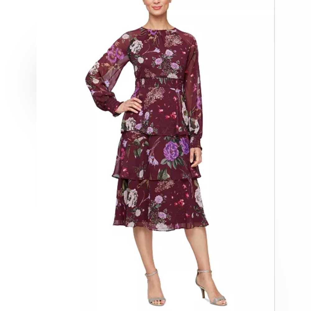 Ignite Evenings Bohemian Floral Sheer Ruffle Zip Dress